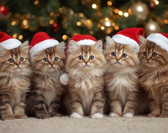 Christmas Kittens Wall Art Print, Five Cats in Santa Hats, Holiday Pet Decor, Festive Cat Lover Gift, Digital Download