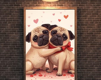 Valentine Pug Couple Print PNG, Pug Wall Art & Mug Design, Romantic Dog Sublimation, Pug Love Printable, Pet Valentine Gift Commercial Use