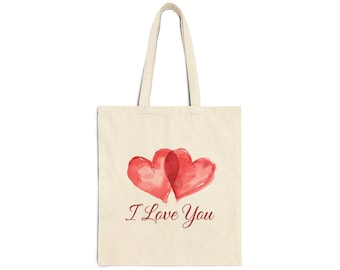 Watercolor Double Hearts I Love You Tote Bag | Valentine Heart Canvas Tote