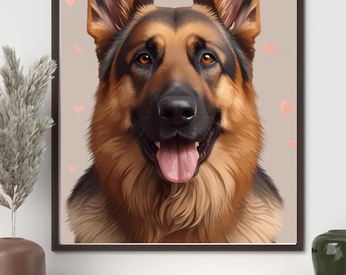 Featured listing image: German Shepherd Valentine Wall Art, Dog Lover Gift, Valentine's Day Pet Portrait Print, Digital Download, Printable Dog Decor