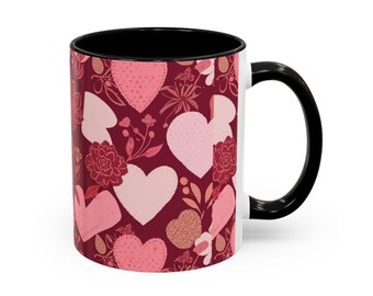 Pink Heart Floral Pattern Accent Coffee Mug | Valentine's Day Love Design