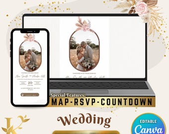 May include: A laptop and smartphone display a wedding invitation website template. The design features a photo of a couple, floral accents, and the text "Wedding Invitation Website." The template includes features like a map, RSVP, and countdown.