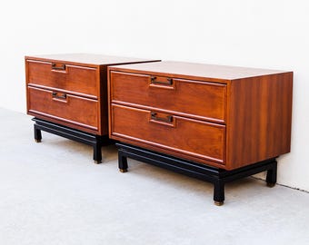 Restored American of Martinsville Walnut & Brass Two Drawer Commodes / Nightstands