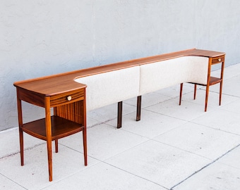 Restored 1960s Sapele Mahogany Upholstered King Headboard with Built-in Nightstands