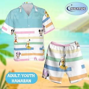 May include: A matching Hawaiian shirt and shorts set featuring cartoon characters on a white background with horizontal stripes in pastel colors. The shirt has a light blue upper section. The text "ADULT/YOUTH HAWAIIAN" is in a blue box.