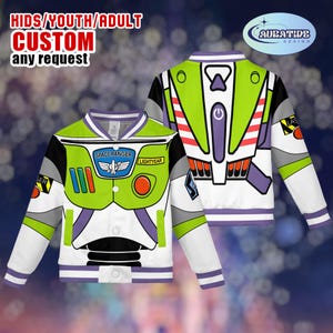 May include: A white, green, and purple bomber jacket with a Buzz Lightyear design. The jacket features the text "SPACE RANGER" and "LIGHTYEAR". The jacket is available in youth and adult sizes. The text "HIDS/YOUTH/ADULT CUSTOM any request" is also visible.
