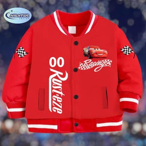 Personalized Lightning McQueen Kids Jacket, Custom Name Red Racing Varsity Bomber, Rust-eze Piston Cup Toddler Boy Gift, Disney Cars Coat
