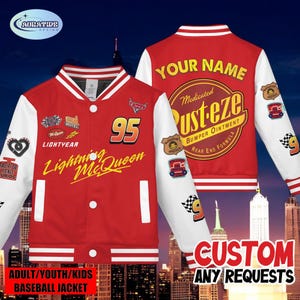 Personalized Lightning McQueen Cars Varsity Baseball Jacket Adult Unisex Custom Name Racing Jacket Disneyland Winter Trip