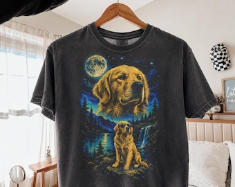 Golden Retriever Shirt, 90s Vintage Dog Graphic Tee, Retro Moon Nature Scene T-Shirt, Golden Retriever Mom Gift, Dog Lover Shirt