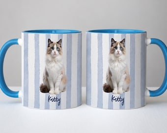 Custom Pet Portrait Mug, Personalized Cat Photo Coffee Cup, Custom Pet Name Mug, Cat Mom Gift, Pet Picture from Photo, Striped Mug