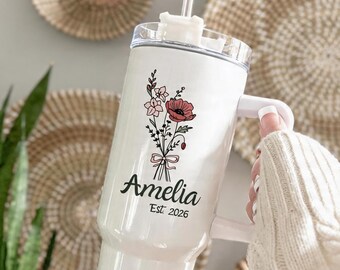 Personalized Birth Flower Tumbler with Name, Custom Birth Month Flower 40oz Tumbler with Handle, Bridesmaid Gift, Gift for Mom Grandma