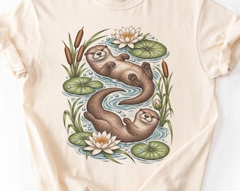 Otter Shirt, River Otters Vintage Botanical Tee, Comfort Colors Cottagecore Animal Shirt, Otter Lover Gift for Her, Couple Gift