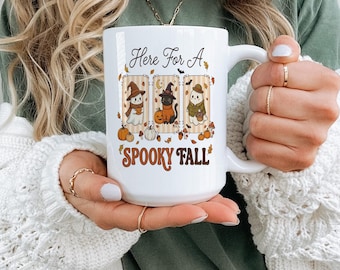 Here For A Spooky Fall Mug, Cute Ghost Halloween Coffee Cup, Custom Name Autumn Mug, Cozy Fall Gift, Retro Pumpkin Cat Mug