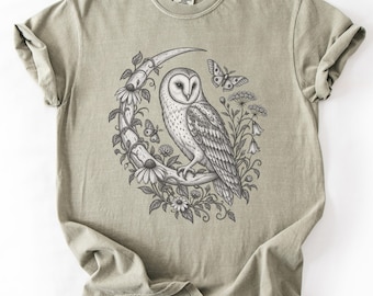 Barn Owl Shirt, Celestial Moon and Moth Tee, Comfort Colors Cottagecore Botanical Shirt, Witchy Owl Gift, Vintage Nature Art Tee