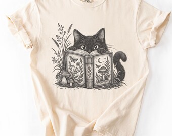 Black Cat Book Shirt, Cat and Books Reading Tee, Dark Cottagecore Mushroom Shirt, Comfort Colors Book Lover Gift, Cat Mom Gift