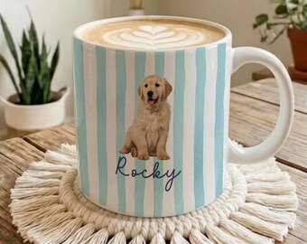 Custom Golden Retriever Mug, Personalized Dog Name Coffee Cup, Pet Lover Gift, Dog Mom Gift, Retro Striped Puppy Mug