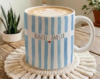 Personalized Auntie Mug, New Aunt Gift with Name and Year, Promoted to Auntie Coffee Cup, Aunt Baby Reveal Gift, Custom Striped Aunt Mug
