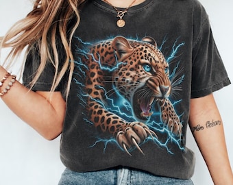 Vintage Leopard Shirt, 90s Airbrush Big Cat Graphic Tee, Retro Lightning Animal Shirt, Oversized Wildlife T-Shirt, Leopard Lover Gift