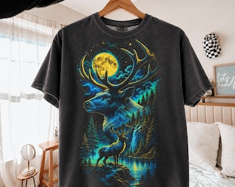 Deer Moon Shirt, Stag Starry Night Tee, Comfort Colors Vintage Elk Shirt, Buck Mountain Forest Graphic Tee, Nature Lover Hunting Gift