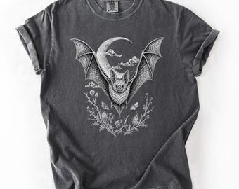 Vintage Bat Shirt, Gothic Cottagecore T-Shirt, Crescent Moon Bat Tee, Dark Academia Shirt, Halloween Bat Lover Gift, Spooky Season Tee