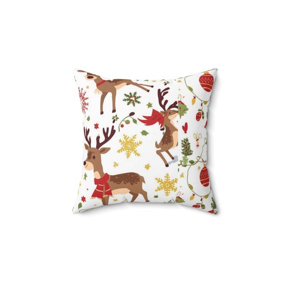 Reindeer Pattern Pillow | Christmas Decorative Throw Pillow, Holiday Snowflakes