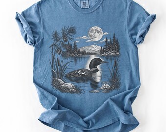 Loon Shirt, Vintage Lake and Full Moon Tee, Comfort Colors Lake House Gift, Minnesota Loon Birder Shirt, Cabin Nature Art Tee