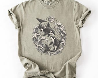 Orca Shirt, Killer Whale Moon and Waves Tee, Comfort Colors Ocean Lover Gift, Marine Biology Shirt, Celestial Whale Art Tee