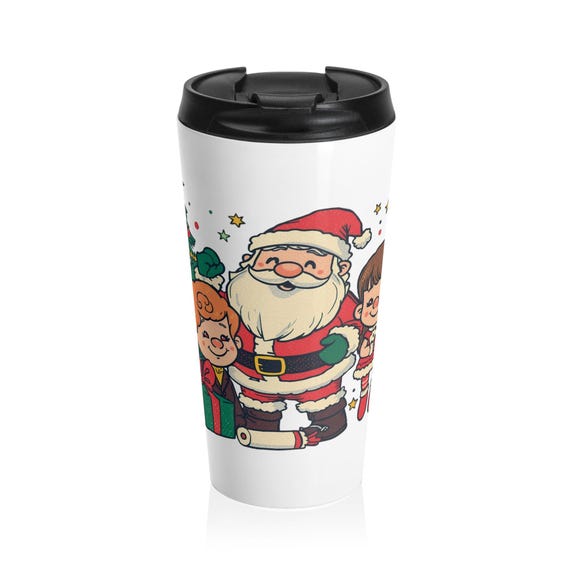 Santa Claus Family Christmas Stainless Steel Travel Mug | Holiday Tree, Presents