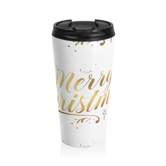 Merry Christmas script Travel Mug | Gold lettering, white background