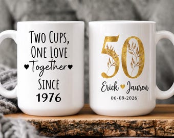Two Cups One Love 50th Anniversary Mug Set, 50 Years Married Gift for Parents, Personalized Golden Anniversary Couple Gift, Custom Date