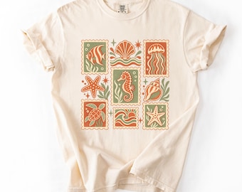 Coastal Shirt, Retro Sea Life Stamp Collage Tee, Comfort Colors Ocean Aesthetic Shirt, Beach Vacation Tee, Marine Biology Gift