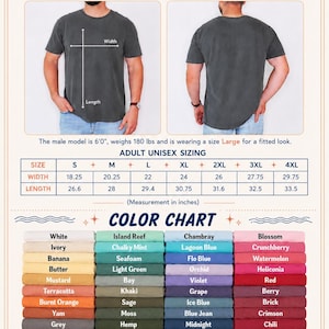 May include: A size guide for Comfort Colors 1717 t-shirts featuring a front and back view of a charcoal grey shirt, a sizing table with width and length measurements in inches, and a color chart displaying various fabric color options.