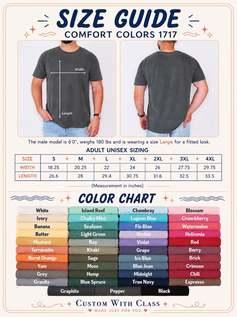 May include: A size guide for Comfort Colors 1717 t-shirts featuring a front and back view of a charcoal grey shirt, a sizing table with width and length measurements in inches, and a color chart displaying various fabric color options.