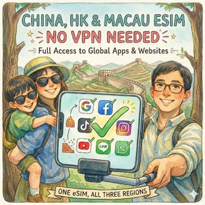 以下が含まれることがあります： ソーシャルメディアアプリのアイコンを表示するスマートフォンで自撮りをする家族の水彩イラスト。この画像は、中国、香港、マカオでのeSIMアクセスを促進しており、「NO VPN NEEDED」と「Full Access to Global Apps & Websites」というテキストが表示されています。