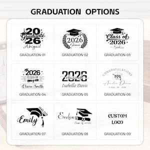 May include: A grid of nine black and white graduation design options labeled GRADUATION-01 through GRADUATION-09. Each square features unique typography, graduation caps, diplomas, and names like Abigail, Grace, Sophia, Olivia Smith, Isabella Davis, Amelia Davis, Emily, and Evelyn.