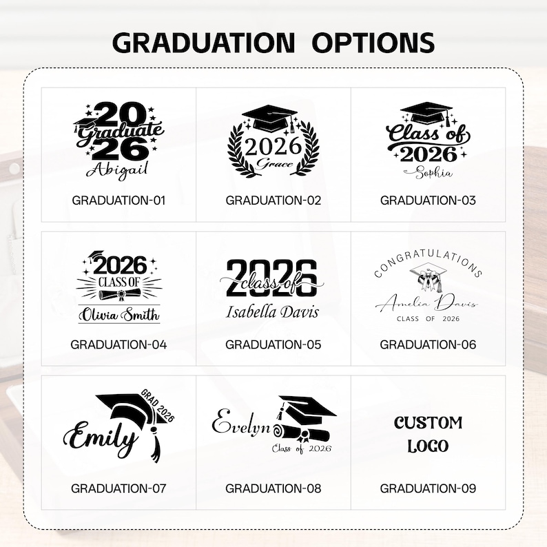 May include: A grid of nine black and white graduation design options labeled GRADUATION-01 through GRADUATION-09. Each square features unique typography, graduation caps, diplomas, and names like Abigail, Grace, Sophia, Olivia Smith, Isabella Davis, Amelia Davis, Emily, and Evelyn.