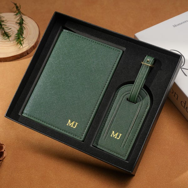 Personalized Passport Holder & Luggage Tag Set, Custom Leather Passport Cover, Travel Gifts