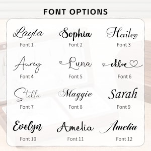 May include: A chart titled FONT OPTIONS displaying twelve distinct black script and serif typography styles labeled Font 1 through Font 12. Each font shows a sample name including Layla, Sophia, Hailey, Aurey, Luna, Chloe, Stella, Maggie, Sarah, Evelyn, and Amelia.