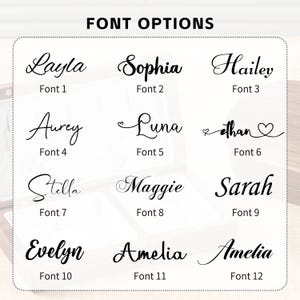 May include: Image displaying a selection of font options for personalized items. The text "FONT OPTIONS" is at the top. Below are twelve different font styles, each showcasing a name and a corresponding font number.