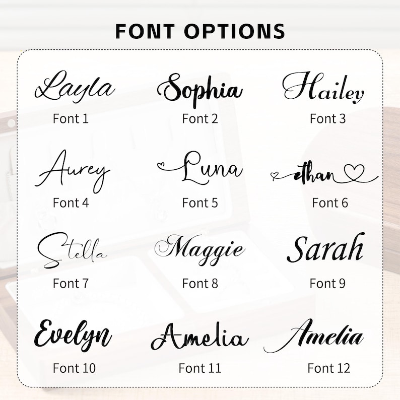 May include: Image displaying a selection of font options for personalized items. The text "FONT OPTIONS" is at the top. Below are twelve different font styles, each showcasing a name and a corresponding font number.