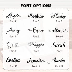 May include: A chart titled FONT OPTIONS displaying twelve distinct black script and serif typography styles labeled Font 1 through Font 12. Each font is demonstrated using a name such as Layla, Sophia, Hailey, Aurey, Luna, Chloe, Stella, Maggie, Sarah, Evelyn, and Amelia.