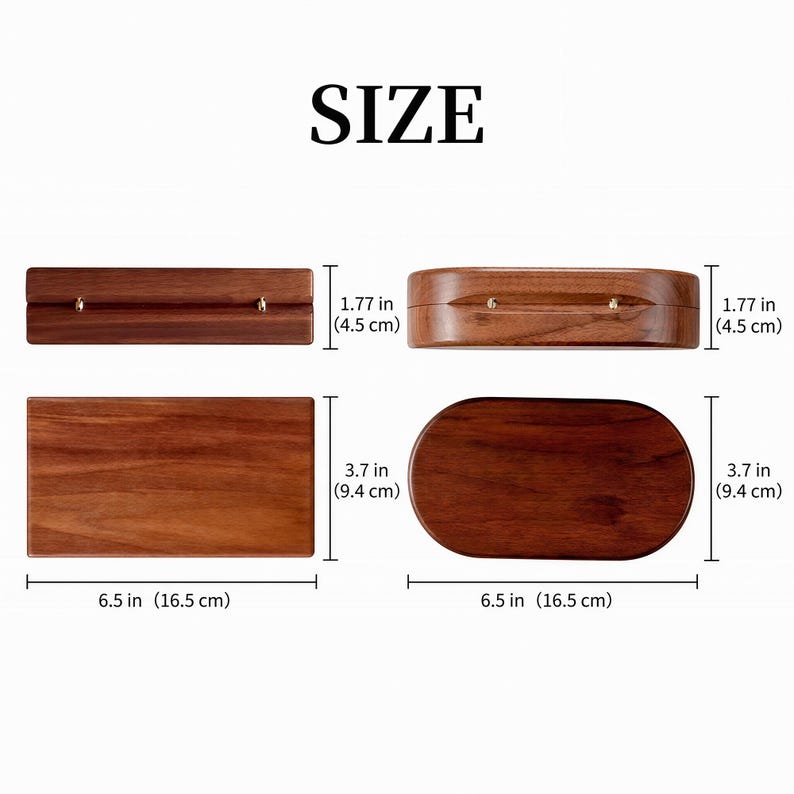 May include: Wooden box with dimensions displayed. The box is 6.5 inches (16.5 cm) long, 3.7 inches (9.4 cm) wide, and 1.77 inches (4.5 cm) high. The box is rectangular and oval-shaped.