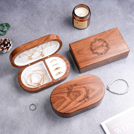 Personalized Birth Flower Wooden Jewelry Box, Custom Name Engraved Gift for Her