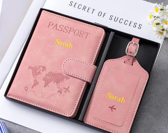 Personalisierter Leder Passetui & Gepäckanhänger Set, Benutzerdefinierte RFID Passhülle mit Monogramm, Reisegeschenk für Paare