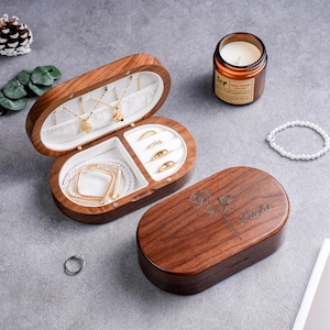 Custom Wooden Jewelry Box – Personalized Name & Birth Flower Keepsake Box