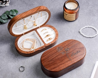 Individuelle Holz Schmuckschatulle, personalisierte Name & Geburtsblumen Geschenk für Mama