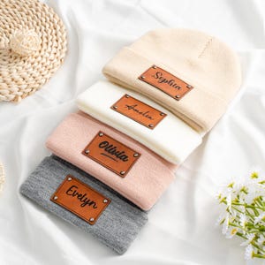 Personalized Baby Beanie, Knit Hat with Engraved Leather Name Patch