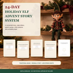Könnte beinhalten: Ein 24-tägiges Weihnachts-Elf-Adventsgeschichten-System als digitaler Download mit einer Puppe in grün-roter Karo-Kleidung. Das Set enthält fünf PDF-Dateien mit 100 Seiten voller Briefe, Eltern-Setup-Karten, Kindermissionen und druckbaren Requisiten.
