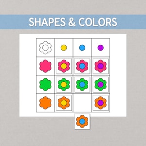 May include: A grid-based educational worksheet titled SHAPES & COLOURS featuring a four-by-four matrix of flower icons. The rows and columns display various combinations of flower petal colours including pink, green, and orange with yellow, blue, or purple centres.