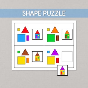 Peut inclure: Une feuille d'exercice de puzzle de formes avec le texte SHAPE PUZZLE en haut. Elle présente quatre quadrants contenant des formes géométriques comme des triangles, des carrés et des rectangles formant des maisons. Une case est vide, avec une pièce séparée.